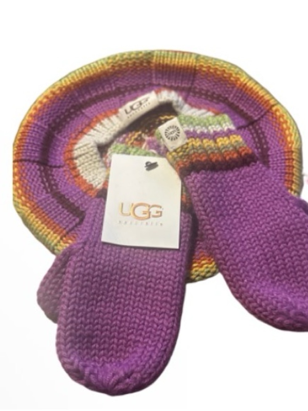UGG Multicolor Knit Beanie and Mittens Set - Purple, Green, Yellow, Orange